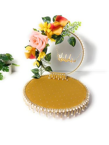 Handmade Mehndi Haldi Tray Set for Wedding & Engagement Green Gold Yellow Decorative Thali with Removable Top, Mini Kalash, Diya, Pooja Thali & Return Gift (Haldi Yellow Floral) - color: Haldi Yellow Floral