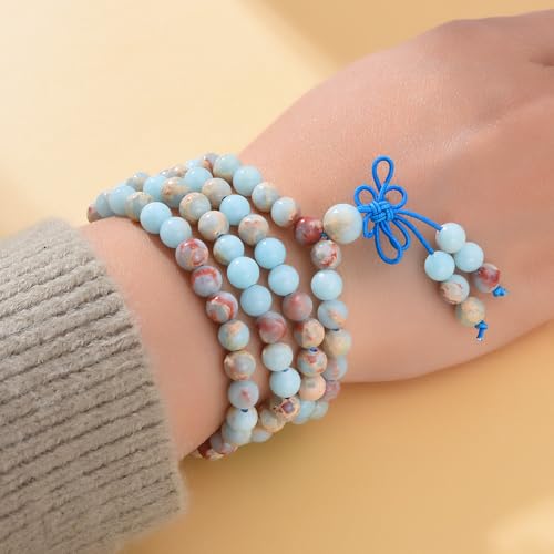108 Mala Beads Stretch Bracelet 6mm Natural Gemstone Prayer Beaded Necklace - color: Blue Imperial Jasper