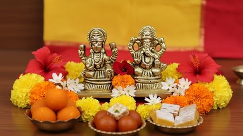 2 Inches Solid Brass Laxmi Ganesha Murti | Goddess Lakshmi & Lord Ganesha in Blessing Pose | Small Idol for Home Temple, Diwali Puja, & Prosperity Gifting - size: Laxmi-Ganesha
