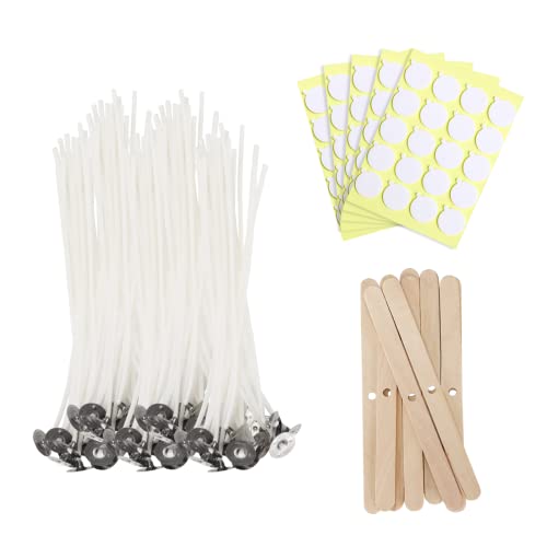 JEAWIWI 100 Pcs Candle Wicks, 6 in, with Wick Stickers & Wooden Holders - size: 6 Inches