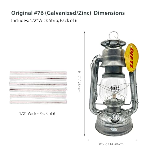 Light of Mine - Dietz #76 Original Galvanized Oil Lantern Bundle Including 6-Pack of 100% Cotton 1/2" Replacement Wick Strips (#76, ZINC) - style: #76 Galvanized/Zinc