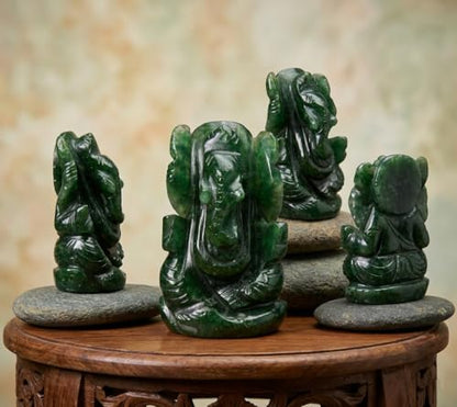 Natural Dark Green Aventurine Gemstone Ganesha Handcarved Statue Sculpture for Good Luck & Fortune. - color: Green Aventurine Ganesh