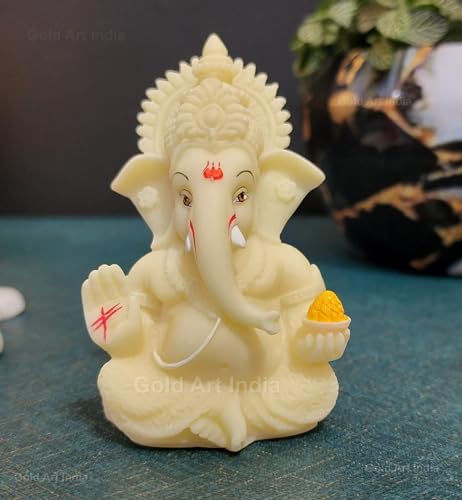 Gold Art India Ivory Ganesha Idol for Car Dashboard,Lord Ganpati Diwali Gifts, Home Decor, Office Desk, House Warming (IVORYMUKUT (Size: 3.5 x 2 inches) - color: Ivory