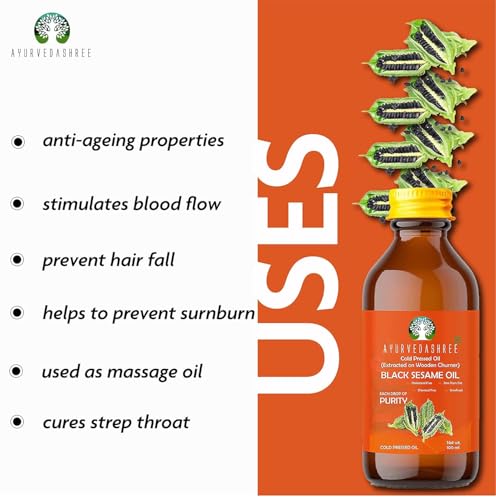 AYURVEDASHREE Black Sesame Oil 3.38 fl oz., Cold Pressed Oil, Extracted on Wooden Churner with Traditional Method, 100% Pure & Natural, No GMO, Untreated and Unrefined, for Cooking & Flavor Enhancer.