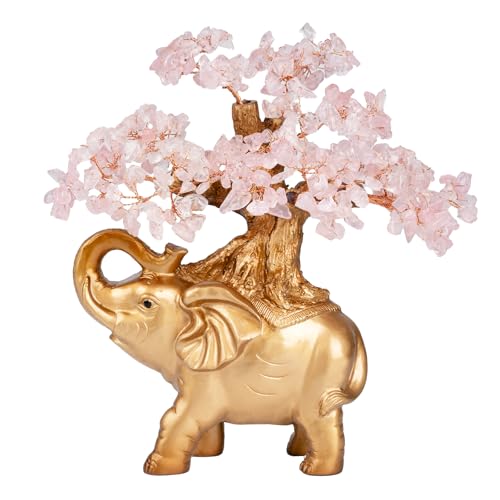 Rose Quartz Crystal Money Tree on Gold Mini Elephant Statue, 10”Gemstone Bonsai Tree of Life Home Décor Gifts for Wealth Positive Energy, Feng Shui Décor - color: Rose Quartz, size: 10 inches Tall