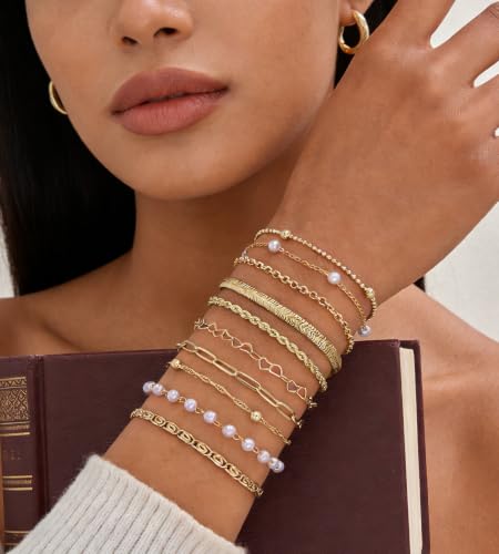 10 Pcs 14K Gold Plated Bracelet for Women, Dainty Stackable Chain Set - color: Gold-pearl