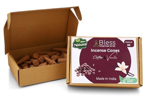 Bless International Coffee and Vanilla 100%-Natural-Incense-Cones Handmade-Hand-Dipped Organic-Chemicals-Free for-Purification-Relaxation-Positivity-Yoga-Meditation The-Best-scents (60 Count)