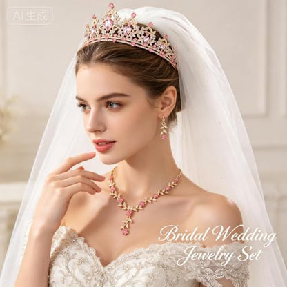 Kamirola Tiaras and Crowns for Women,Tiaras Earrings Necklace, Crystal Bridal Jewelry Set, Costume Party Halloween Prom Pageant Jewelry for Women(TR45) - color: Gold Pink