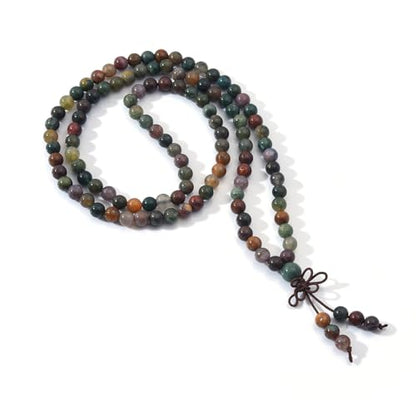 108 Mala Beads Stretch Bracelet 6mm Natural Gemstone Prayer Beaded Necklace - color: Indian Agate