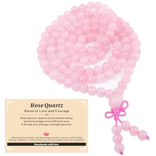 AD Beads 6mm 8mm 108 Prayer Mala Jasper Elastic Bracelet - Handmade Yoga Meditation Healing Power Energy Gifts for Unisex Adult. - color: Rose Quartz (Courage)