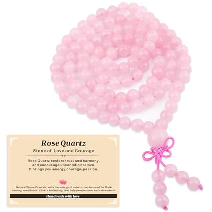 AD Beads 6mm 8mm 108 Prayer Mala Jasper Elastic Bracelet - Handmade Yoga Meditation Healing Power Energy Gifts for Unisex Adult. - color: Rose Quartz (Courage)