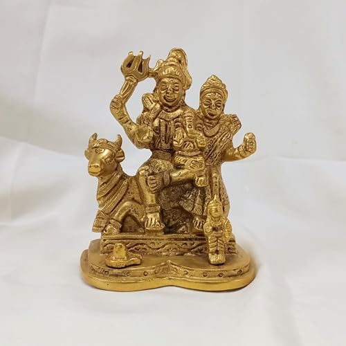 Brass Lord Shiva Family Idol 4" – Hindu Deity Statue of Shiva, Parvati & Ganesha | Elegant Religious Sculpture for Home Temple, Puja Room Decor & Spiritual Gift Showpiece