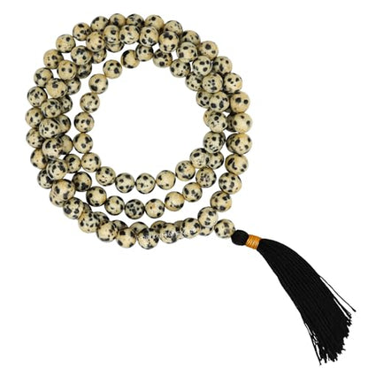 Amazing Gemstone Dalmatian Jasper Mala Beads - 108 Prayer Beads for Meditation and Mindfulness Practice, Handcrafted Mala Beads with Natural Gemstones for Spiritual Healing and Relaxation (Plain) - color: Dalmatian Jasper, style: Plain