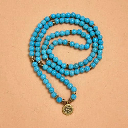 108 Natural Stone Mala Beads Yoga Bracelet with Lotus Charm - style: Green Turquoise