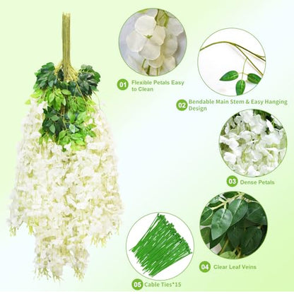 Wisteria Hanging Flowers, 12 Pcs Artificial Wisteria Garland Flower Vines - color: White, size: 12 Pack