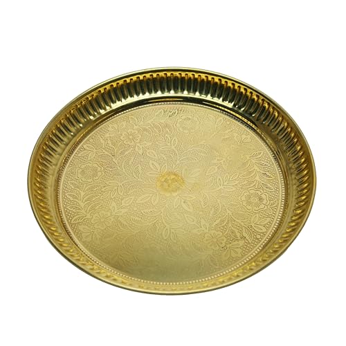 Decorative Brass Pooja Thali Set of 5 Pcs Brass Pooja 1 Plate with 1 Bowl 1 Diya 1 Bell and 1 Incense Stand for Indian Traditional Festival New year Decorations Temple Home Bhog Set (Thali Size:-7") - size: 7" Inches-1