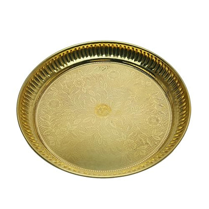 Decorative Brass Pooja Thali Set of 5 Pcs Brass Pooja 1 Plate with 1 Bowl 1 Diya 1 Bell and 1 Incense Stand for Indian Traditional Festival New year Decorations Temple Home Bhog Set (Thali Size:-7") - size: 7" Inches-1