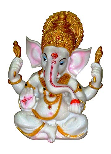 The Blessing. A White & Gold Statue of Lord Ganesh Ganpati Elephant Hindu God Made from Marble Powder