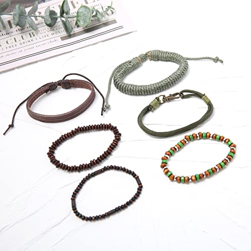 HZMAN Handmade Hemp Cords Wood Beads Leather Bracelets for Men Women - style: Wooden Beaded