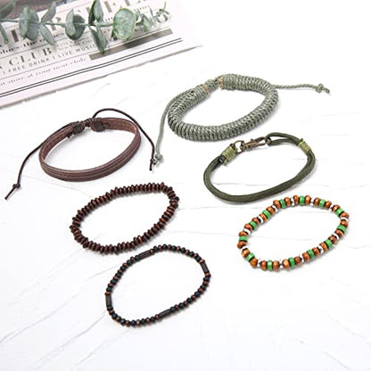 HZMAN Handmade Hemp Cords Wood Beads Leather Bracelets for Men Women - style: Wooden Beaded