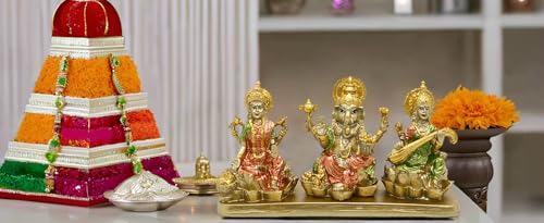 alikiki Hindu Lakshmi Ganesha Saraswati Statue - Laxmi Ganesh Idol for Car Dashboard Decor Home Temple Mandir Pooja Item Indian Puja Item Diwali Gift Meditation Yoga Altar Decoration