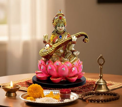 eSplanade Saraswati on Lotus | Saraswati Goddess Murti Idol Statue Sculpture Figurine - Resin - Multi - 10.5" Inches