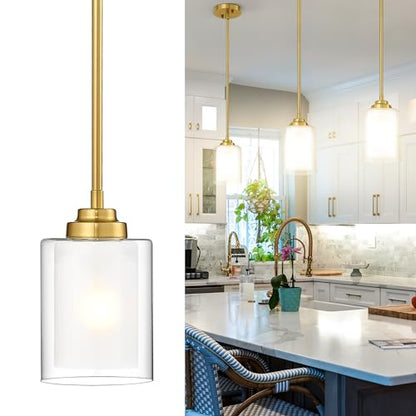 TENGXIN Brushed Gold Pendant Lights Kitchen Island, Dual Glass Shade - color: Brushed Gold, Dual Glass, size: 4"