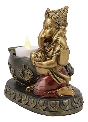 Ebros Gift Lord God Ganesha Chaturthi Avatar with Modaka Bowl of Sweets Kneeling by Well Votive Candle Holder Figurine 9.25" Long Ganesh Moon Curse Candleholder Statue