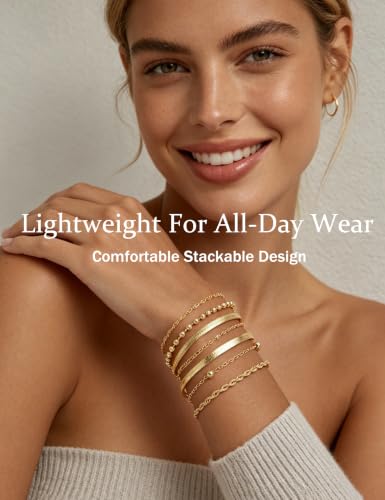 10 Pcs 14K Gold Plated Bracelet for Women, Dainty Stackable Chain Set - color: Gold