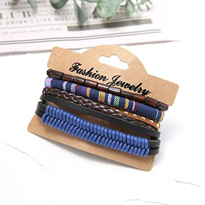 HZMAN Handmade Hemp Cords Wood Beads Leather Bracelets for Men Women - style: Dark Blue Hemp Rope