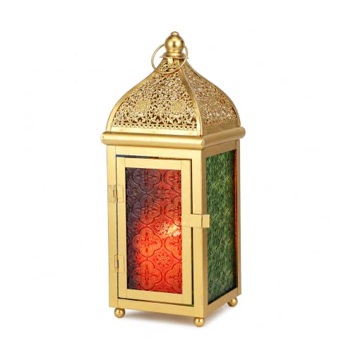 TRIROCKS 12 Inch Gold Moroccan Candle Lantern, Metal Hanging Candle Holder - size: 5*12"H