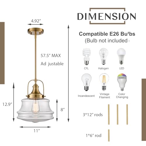 DEYNITE Modern Gold Kitchen Schoolhouse Pendant Light Seeded Glass Shade - color: Gold, size: Seeded glass