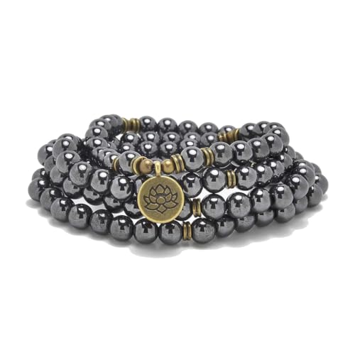 108 Natural Stone Mala Beads Yoga Bracelet with Lotus Charm - style: Hematite