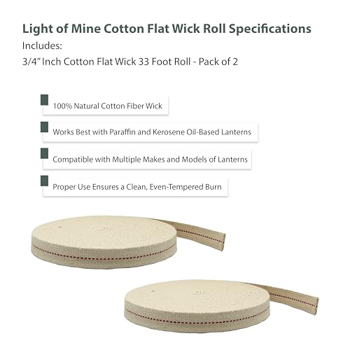 Light of Mine - 3/4" Inch 33' Foot, 100% Cotton Flat Wick - 2 Pack for Paraffin Oil, Kerosene Based Lanterns, and Oil Lamps with Genuine Red Stitch (3/4" - 33' Roll, 2pk) - size: 3/4" 33 foot - 2 Pack