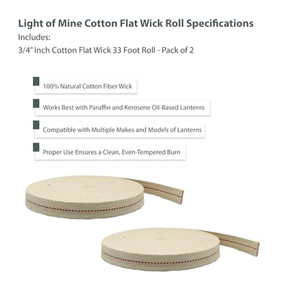 Light of Mine - 3/4" Inch 33' Foot, 100% Cotton Flat Wick - 2 Pack for Paraffin Oil, Kerosene Based Lanterns, and Oil Lamps with Genuine Red Stitch (3/4" - 33' Roll, 2pk) - size: 3/4" 33 foot - 2 Pack