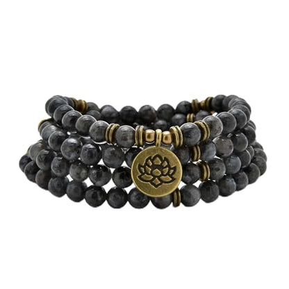108 Healing Mala Beads Bracelet or Necklace with Gold Lotus Charm - style: Labradorite