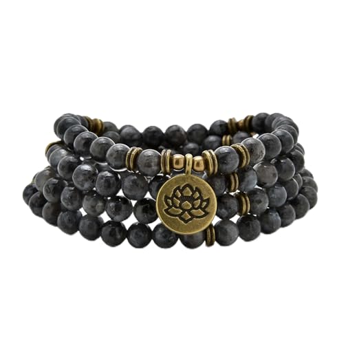 108 Healing Mala Beads Bracelet or Necklace with Gold Lotus Charm - style: Labradorite