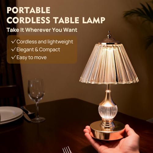 Gold Crystal Battery Operated Rechargeable Lamp Cordless, Pleated - color: Gold-Pleated