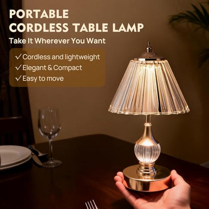 Gold Crystal Battery Operated Rechargeable Lamp Cordless, Pleated - color: Gold-Pleated