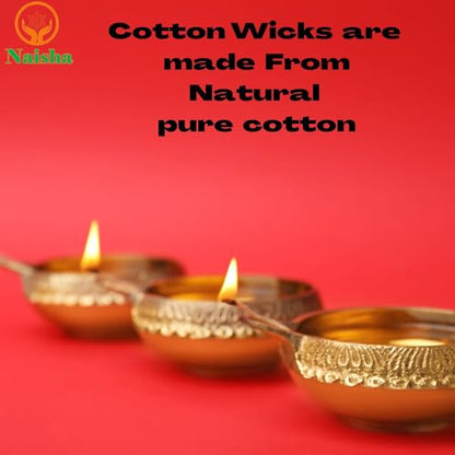 NAISHA Handmade Long Cotton Wicks (600 Pcs), 3-Inch Long Batti for Oil Lamp, Diya, Deepak and Jyot, Twisted Cotton Wicks for Temple, Home Mandir, Diwali Lighting and Festivals