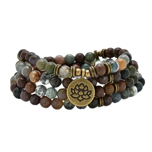 108 Healing Mala Beads Bracelet or Necklace with Gold Lotus Charm - style: Indian Agate