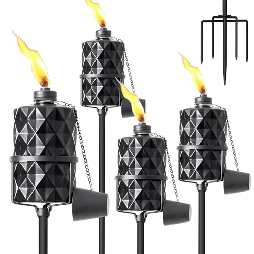Glass Garden Torch Set of 4, 13.5 oz Outdoor Torch Garden Décor, 58-Inch Upgraded Citronella Torches with 5-Prong Grounded Stake for Party Patio Pathway - color: 4 Pack of Black Glass