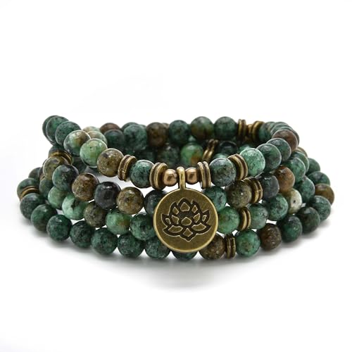 108 Healing Mala Beads Bracelet or Necklace with Gold Lotus Charm - style: African Turquoise