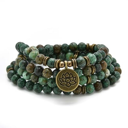 108 Healing Mala Beads Bracelet or Necklace with Gold Lotus Charm - style: African Turquoise