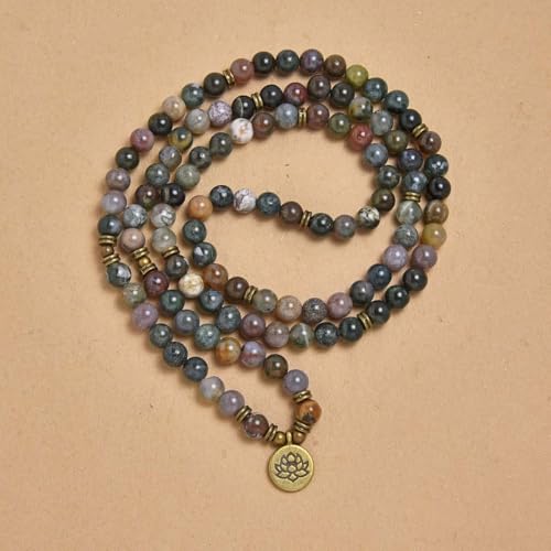 108 Natural Stone Mala Beads Yoga Bracelet with Lotus Charm - style: Indian Agate