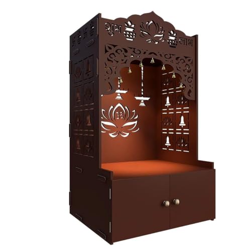 Lotus Pattern MDF Wood Temple with Spacious Shelf inbuilt Focus Light White - color: White, size: Large