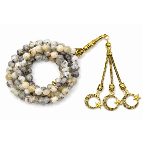 Amazing Gemstone Crystal Tasbeeh with Moon and Star Charm - Certified Crystal Muslim Prayer Beads Natural Gemstone Tasbih Gift for Ramadan Dhikr and Daily Namaz (G) - color: Dendrite Opal