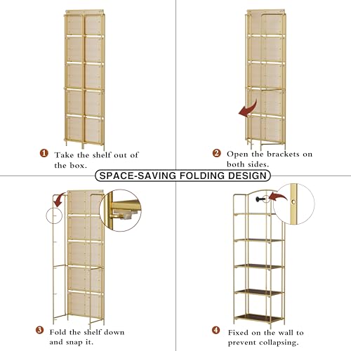 Crofy 5-Tier Foldable Bookshelf, Gold Frame & Walnut Shelves - color: Gold Frame & Walnut Shelf, size: 5 Tier
