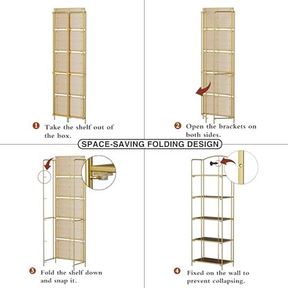 Crofy 5-Tier Foldable Bookshelf, Gold Frame & Walnut Shelves - color: Gold Frame & Walnut Shelf, size: 5 Tier