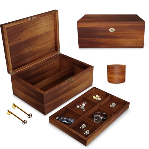 LUSH & STYLE Acacia Wooden Box, Keepsake With Hinged lid and locking keys, Decorative, Memory, Wooden Storage Boxes, Customizable With Adjustable Tray,keepsake trunk (Divider Model) Large 11x9x5 Inch - style: Modern